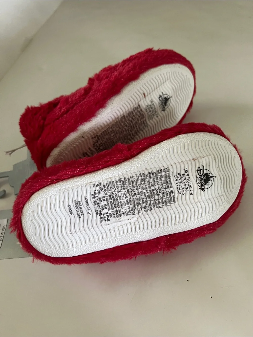 Disney Red Plush Girls Slippers with Blue Bow and Gold Accent